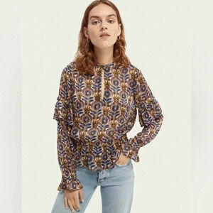 SCOTCH & SODA Ruffle Top Beautiful Floral Blue Pink Black Gold Size Large